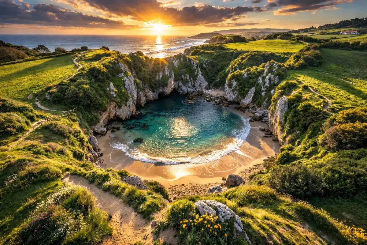 Playa de Gulpiyuri al atardecer, una playa interior rodeada de prados